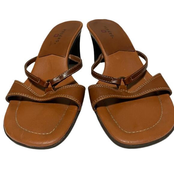 Saddle Tan Cognac Heeled Strappy Sandal Shoes Made in Brazil Size 6.5 - Picture 1 of 16